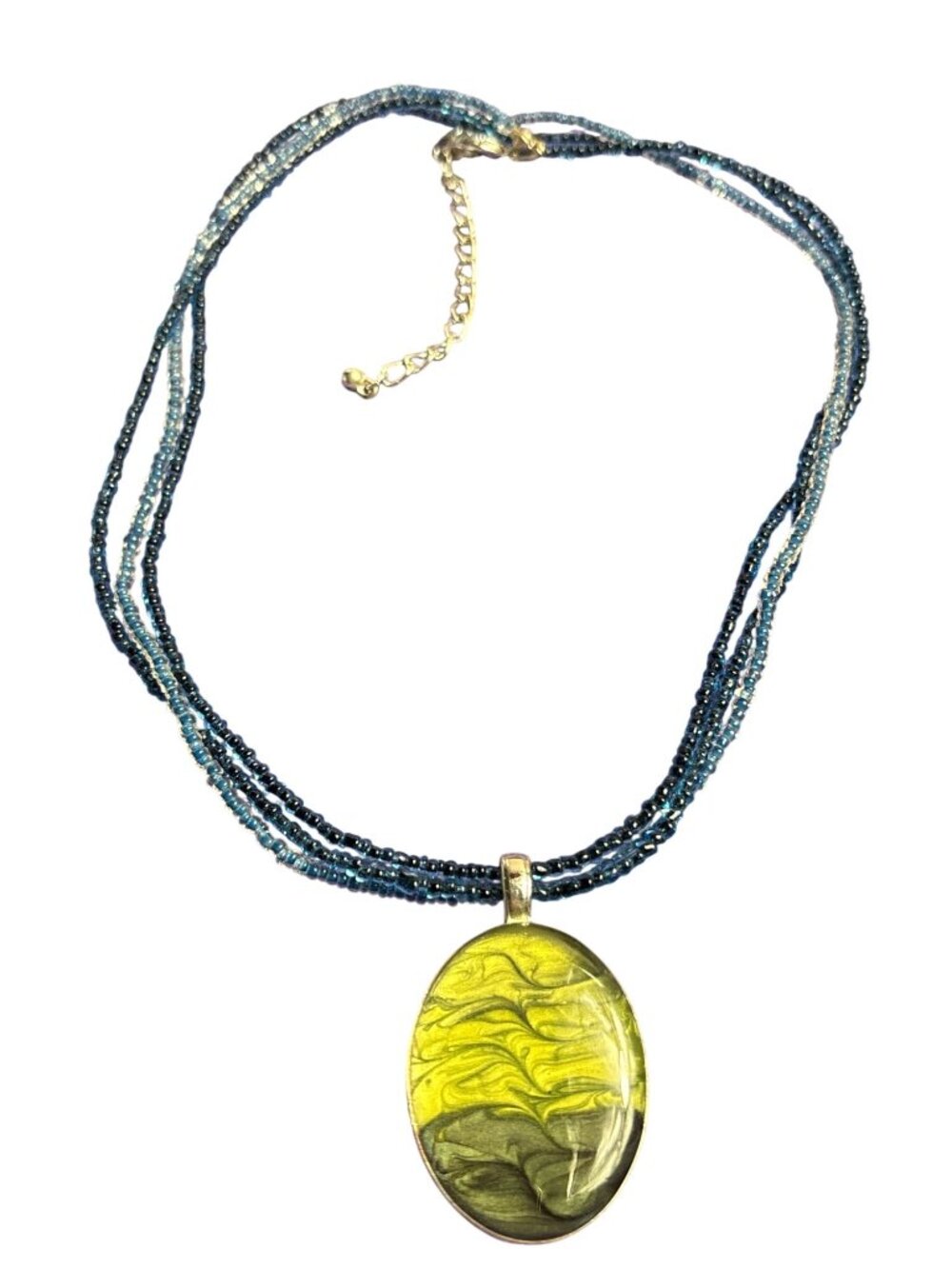 Kenneth Cole 3 Strand Blue Seed Bead Necklace Green Swirled Enamel Oval Pendant